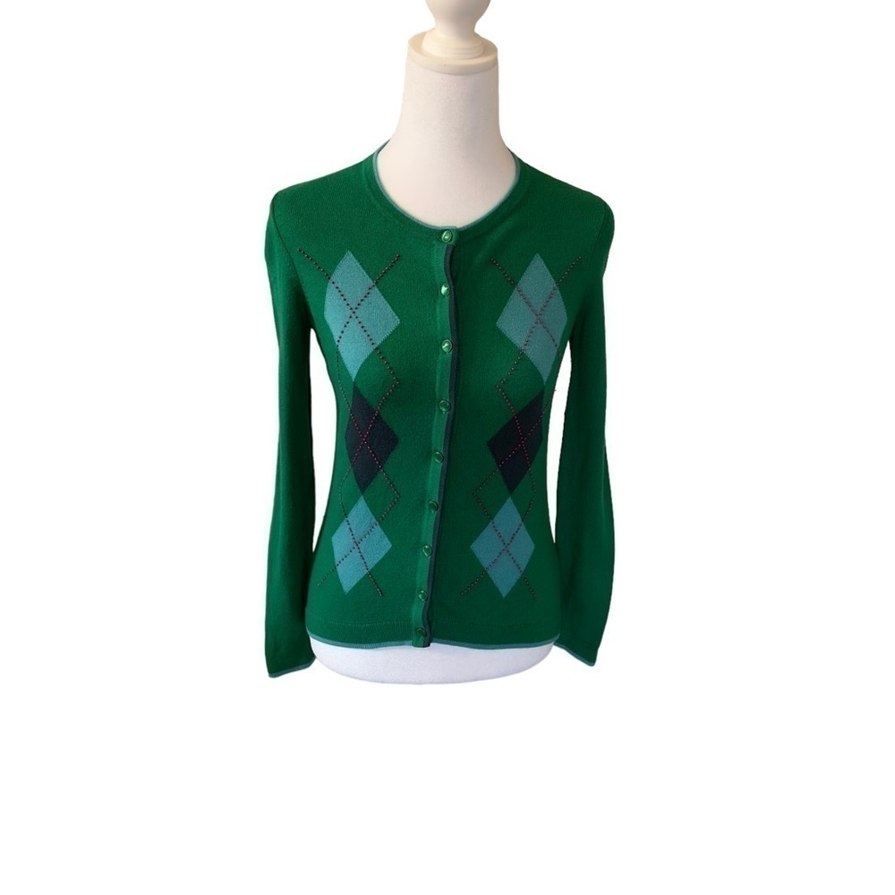 Talbots Petites Size P, Green, Blue, Gray soft Cardigan with small pink beads